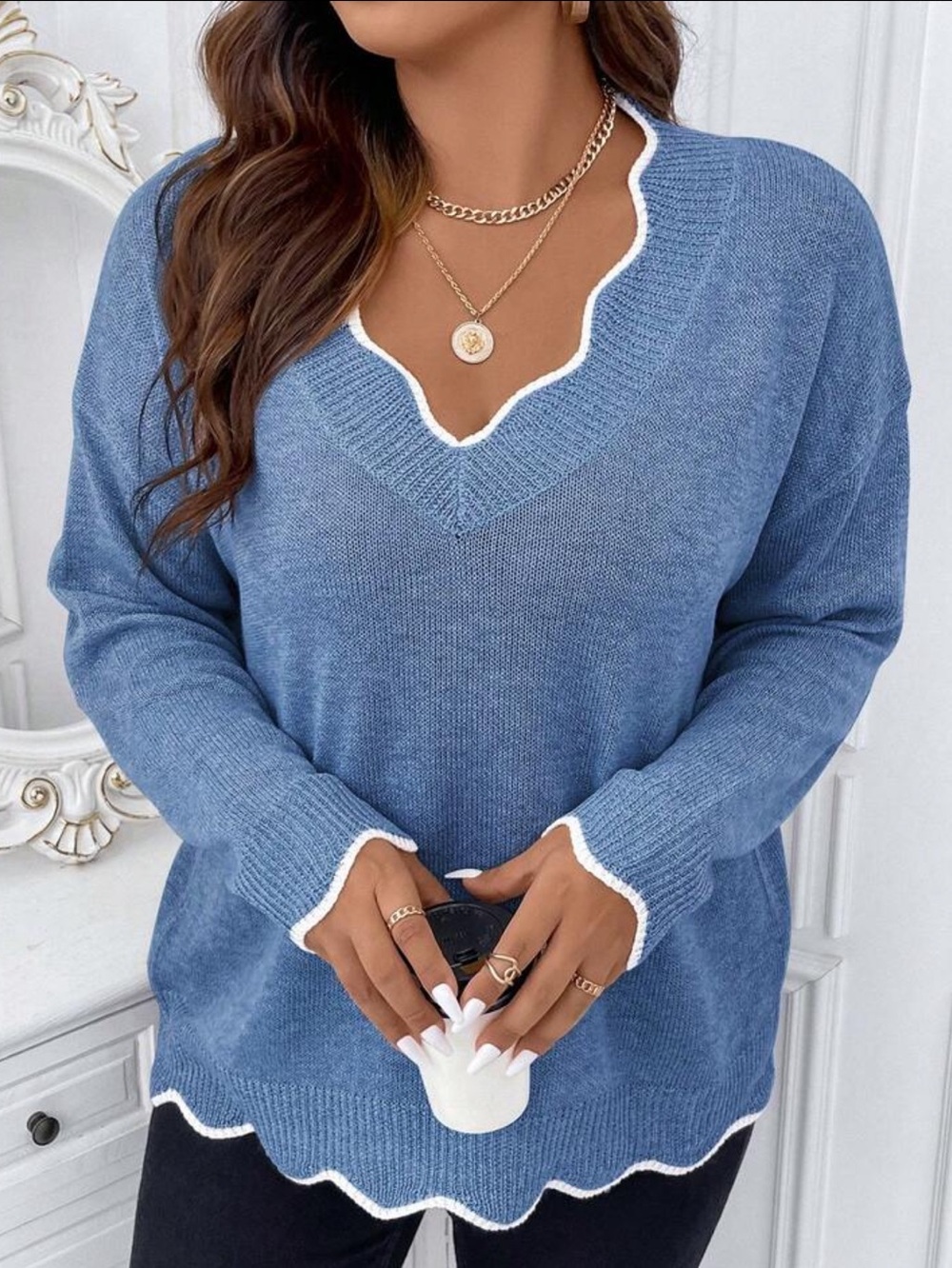 Blue Scallop-Trim V-Neck Sweater